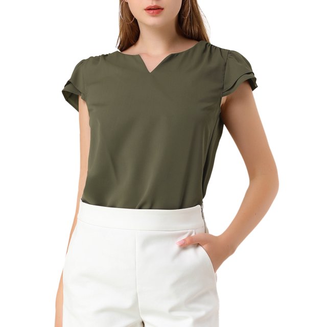 INSPIRE CHIC Women's Solid V Neck Cap Short Sleeves Work Blouse