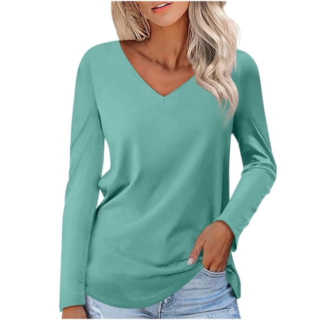 Timegard Hauts pour Femmes Col en V Manches Longues T-Shirt Basique Couleur Unie Blouse Confortable Tunique Décontractée d'Automne