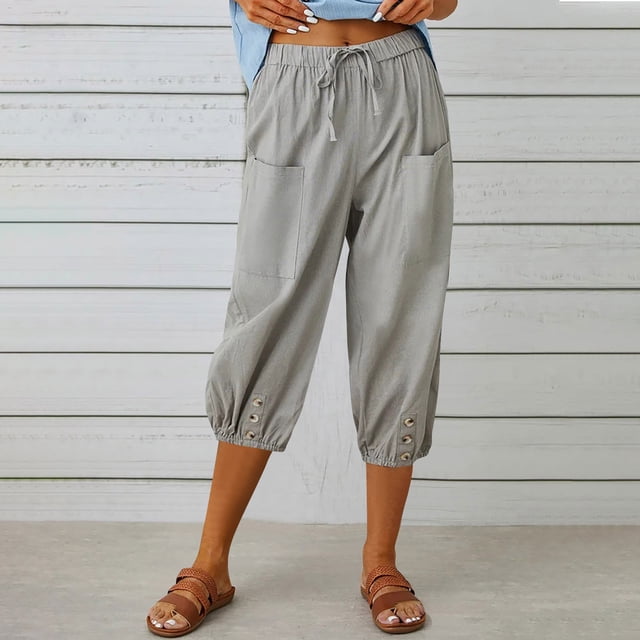 DPTALR Women Summer Casual Loose Bandage Button Pocket Solid Trousers Capris Pants