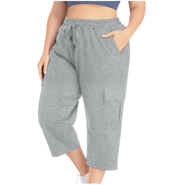 RKSTN Oversize Womens Pants Casual Solid Color Waist Drawstring Elastic Waist Comfortable Versatile Crop Pants with Pockets Summer Fall Style