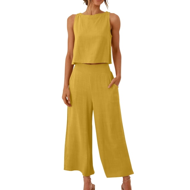 Birdeem Ensemble Mode Femme 2 Pcs Blouse Sans Manches Col Rond + Pantalons à Poches Amples