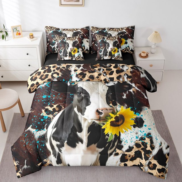 Erosebridal Literie Highland Cattle Taille Simple, Lit Rustique Tournesol en Sac Taille Simple, Décor Imprimé Léopard Guépard, Réversible