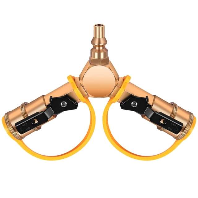 1/4'' RV Propane Quick Connect Fittings made of solid brass, featuring a 2-way Y splitter adapter design. The adapter includes two quick-connect ports with yellow safety caps and black on/off levers for secure propane flow control. Suitable for RV trailers, camping propane hoses, motorhome tabletop grills, and other outdoor cooking setups.