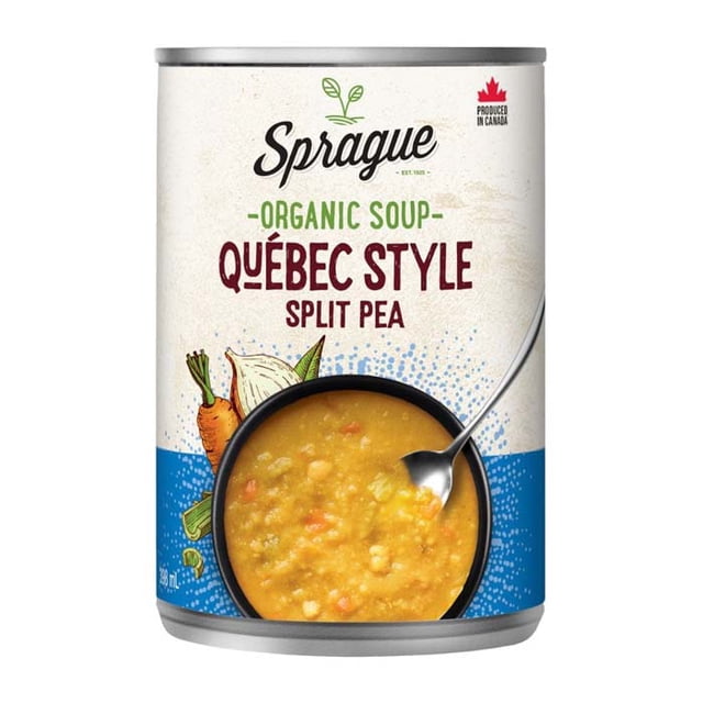 Sprague - Organic Pea Soup Quebec Style Split, 398ml can with a front label showing a bowl of yellow split pea soup with vegetable pieces and a spoon, accented by illustrations of carrot, onion, and celery, marked vegan, gluten free, and produced in Canada, ideal for quick pantry meals.