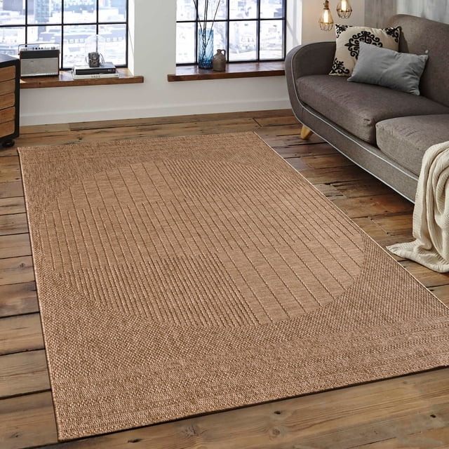 LaDole Rugs 3x10 ft Modern Premium Area Runner Rug in beige and brown, featuring a contemporary design with fine texture and anti-slip jute backing. Displayed in a cozy living room with wooden flooring and a grey sofa, this durable and machine-washable rug is ideal for hallways, kitchens, and entryways. Its foldable design ensures easy storage and transportation.