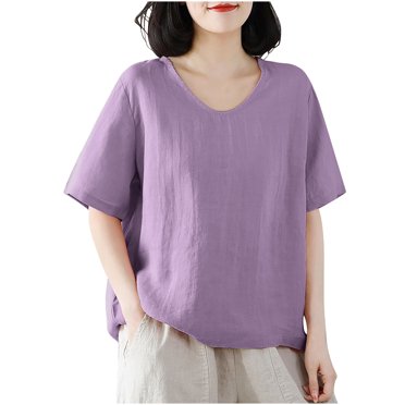 hotojiny Cotton Linen Tops for Women Casual Loose Half Sleeve T Shirt Vintage Breathable Summer V Neck Plus Size Basic Tee
