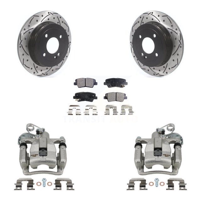 Transit Auto Rear Disc Brake Coated Caliper Drilled Slotted Rotors and Ceramic Pads Kit for Car 2012-2016 Hyundai Accent KCD-100597T