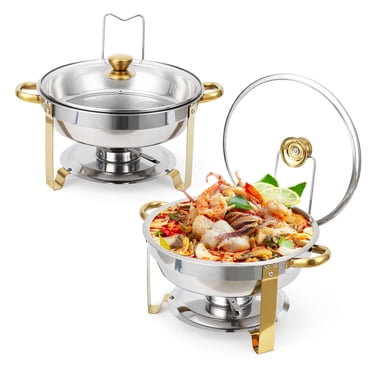 Garveehome Ensemble de Plats Anti-Frottement pour Buffet, Lot de 2 5 Qt, Plats Ronds en Acier Inoxydable pour Buffet avec Support de Couvercle et Couvercle en Verre, Serveurs et Réchauds de Buffet pour Fêtes, Mariage, Camping, Souper, Argent