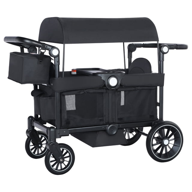 AILEEKISS Collapsible Wagon Stroller for 2 Toddlers with Adjustable Canopy, black. Features ergonomic face-to-face seats, breathable mesh sides, and a movable center console with snack tray and cup holders. Includes an adjustable 10-section pull handle, hand-sewn leather grip, and all-terrain PU wheels with anti-shock system. Heavy-duty iron frame supports up to 110 lbs. Canopy offers shade, and the stroller collapses easily for storage and transport. Ideal for outdoor activities like camping, shopping, or beach trips.