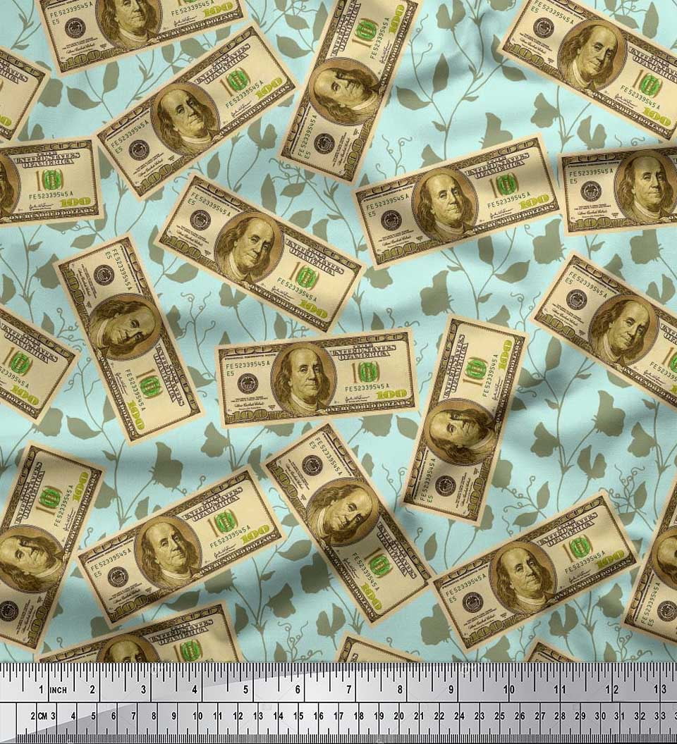 Soimoi Rayon Fabric Dollar Currency Note & Leaves Printed Fabric 1 Yard 56 Inch Wide