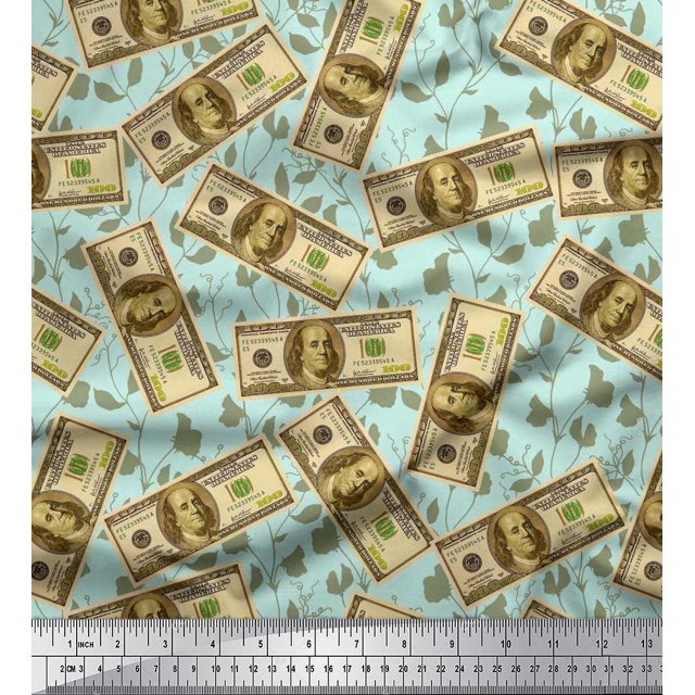 Soimoi Georgette Viscose Fabric Dollar Currency Note & Leaves Fabric Prints by Yard 42 Inch Wide