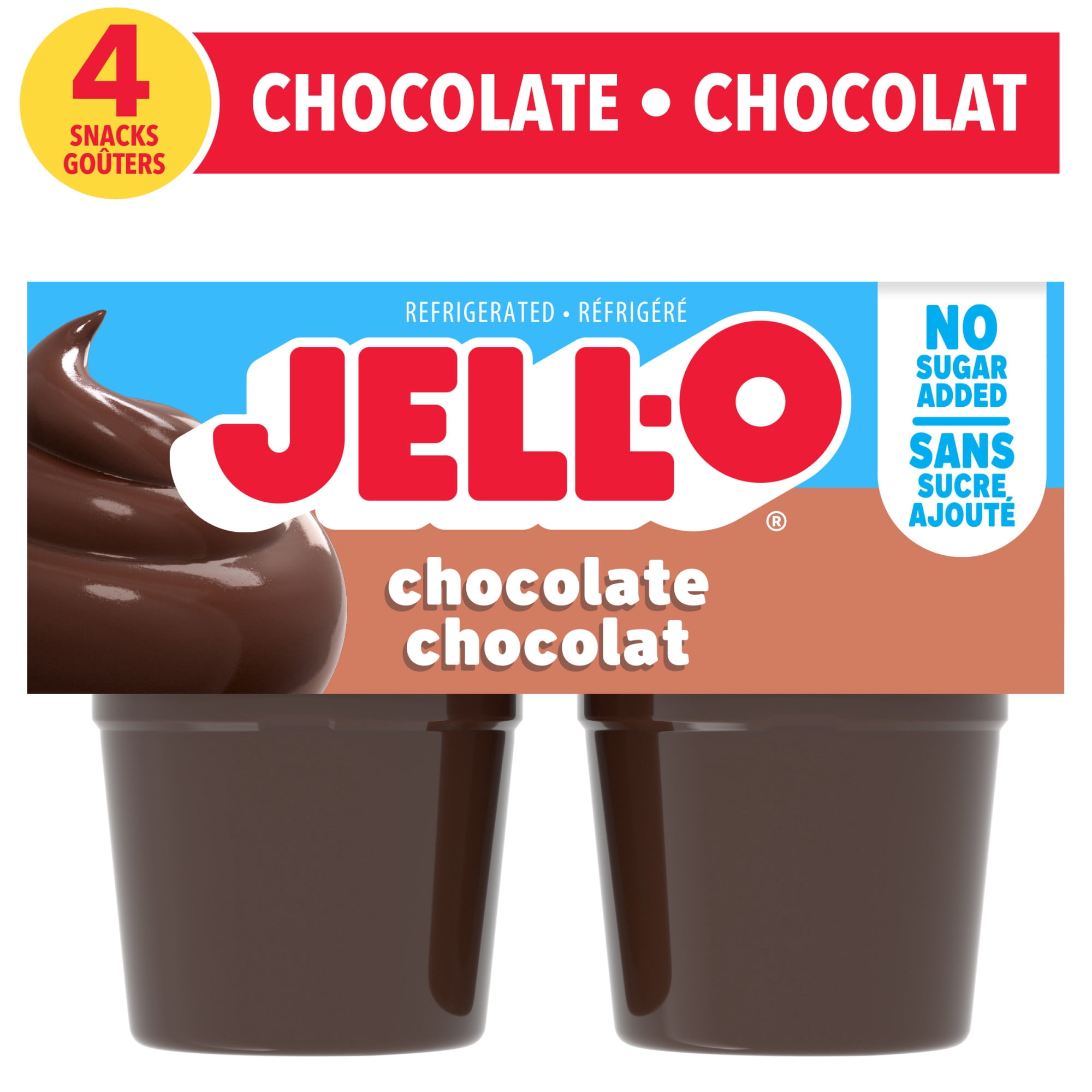 Jell-O Chocolate No Sugar Added Ready-to-Eat Refrigerated Pudding Snacks, 4 ct Cups