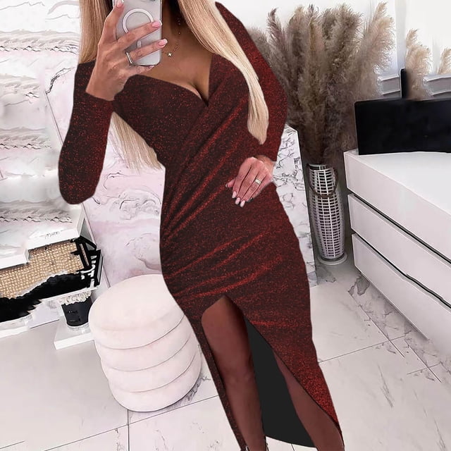 UPPADA Robe de Cocktail pour Femmes à Manches Longues Robe d'Invitée de Mariage Fente Latérale Jolie Robe Formelle Évasée Taille Haute Robe de Fête Robe de Bal Robe de Cocktail Liquidation