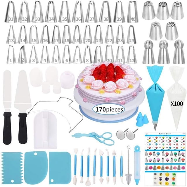 yeacher Professional 170-Piece Cake Decorating Kit with Stainless Steel Turntable, Icing Tips, and Reusable Pastry Bags for Creative Baking Designs
