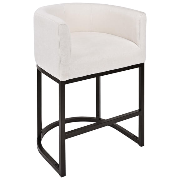 Tabouret de Bar Haut Moderne en Forme de Tonneau, Tabourets de Comptoir 26 Pouces avec Dossier et Cadre en Métal, Tabourets Rembourrés en Tissu de Lin pour Îlot de Cuisine (Beige, Ensemble de 1)