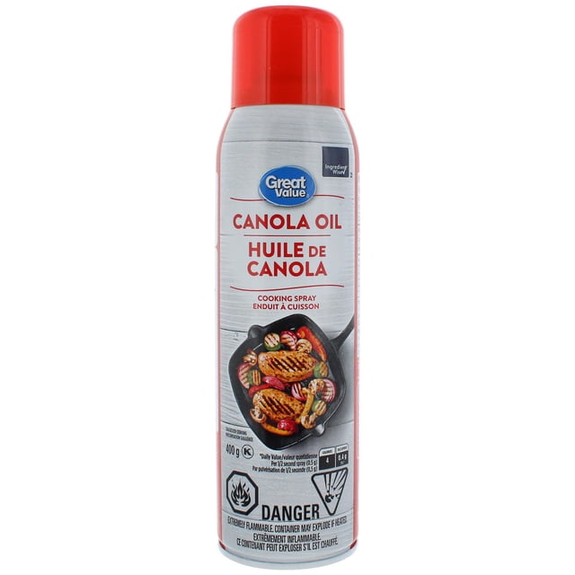 Great Value Vaporisateur de Cuisson à l'Huile de Canola en Aérosol Argenté avec Capuchon Rouge, Présentant un Texte Bilingue Anglais et Français et une image de Poulet Grillé et de Légumes dans une Poêle, Formulé pour Aider à Retirer les Aliments des Batteries de Cuisine et des Moules Sans Résidu, Marqué comme Ingrédient Sage et avec des Avertissements Inflammables.