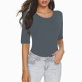 thumbnail image 2 of AherBiu T-Shirts pour Femmes Couleur Unie Manches 1/2 Col Rond Été Ajusté Extensible Confortable Basique, 2 of 6