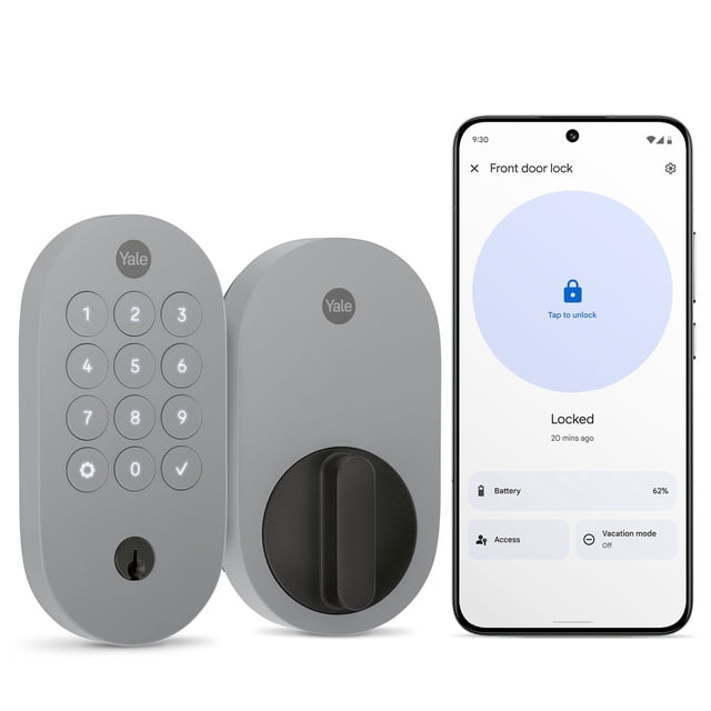 Yale Smart Lock with Matter in ash finish showing front keypad with illuminated numbers and rear thumb turn lock alongside a smartphone screen displaying Google Home app with front door lock status locked, battery at 62%, access controls, and vacation mode off.