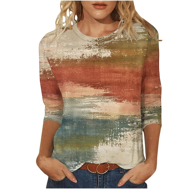 HKEJIAOI T-Shirts à Manches 3/4 pour Femmes à Imprimé Floral Col Rond Coupe Ample T-Shirts Décontractés Mode Chandails à Enfiler en Kaki, Taille M. Ce Haut pour Femme Présente un Imprimé Floral Abstrait vibrant avec des Tons Terreux de Rouge, Vert et beige. Fabriqué à Partir d'Un Doux Mélange polyester-spandex, Il a une Encolure Ronde Confortable et une Coupe Décontractée. Parfait pour les Sorties Décontractées, le Bureau Ou la Détente, Il s'Agence Bien avec des jeans, des Pantalons Ou des Jupes.