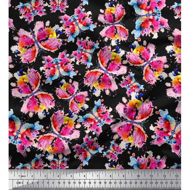 Soimoi Black polyester Crepe Fabric Insect Watercolor Print Sewing Fabric BTY 42 Inch Wide