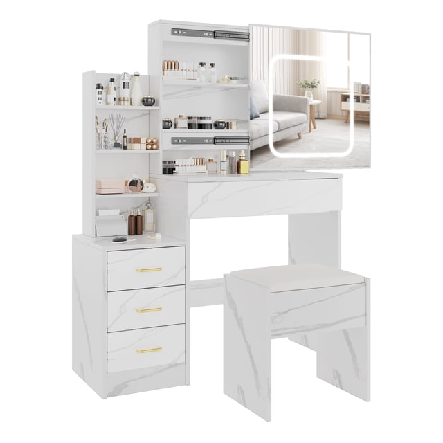 Ensemble de Coiffeuse avec Miroir DEL à 3 Couleurs à Intensité Réglable, Miroir Coulissant Dissimulé, Prise de Courant Intégrée, 4 Tiroirs de Rangement et Tablette, Tabouret Rembourré pour Chambre
