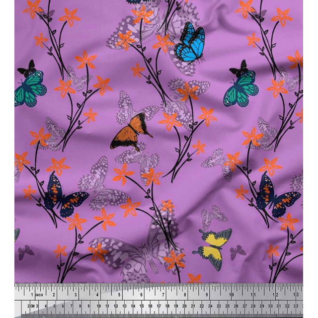 Soimoi Purple Rayon Fabric Flower & Butterfly Print Fabric by Yard 42 Inch Wide