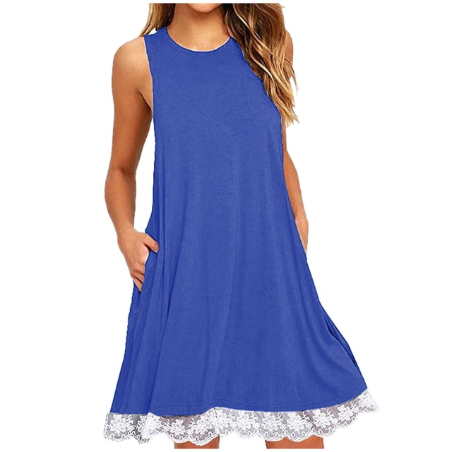 Gspmoly Robes pour Femmes, Mode Femmes Été Décontracté Col Rond Sans Manches Taille Haute Robe Mini Robe Cocktail Offres des Fêtes
