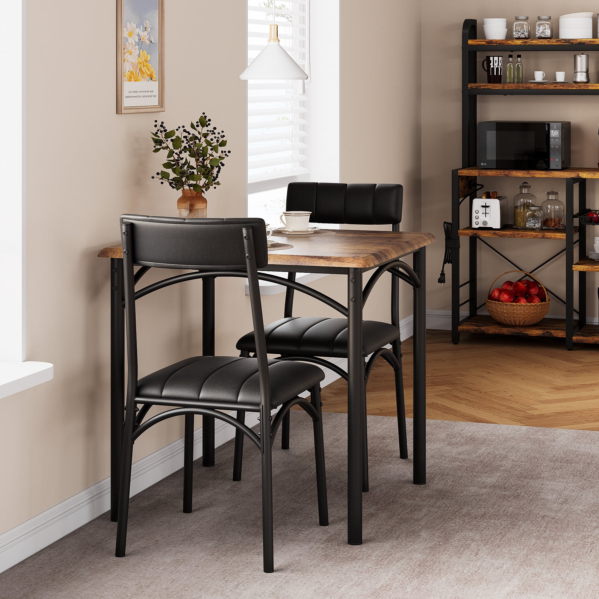 Dining Table Set for 2, Kitchen Table and Chairs for 2 with Upholstered Chairs, 3 Piece Square Kitchen Table Set, Dining Room Table Set for Small Space, Apartment, Retro Brown