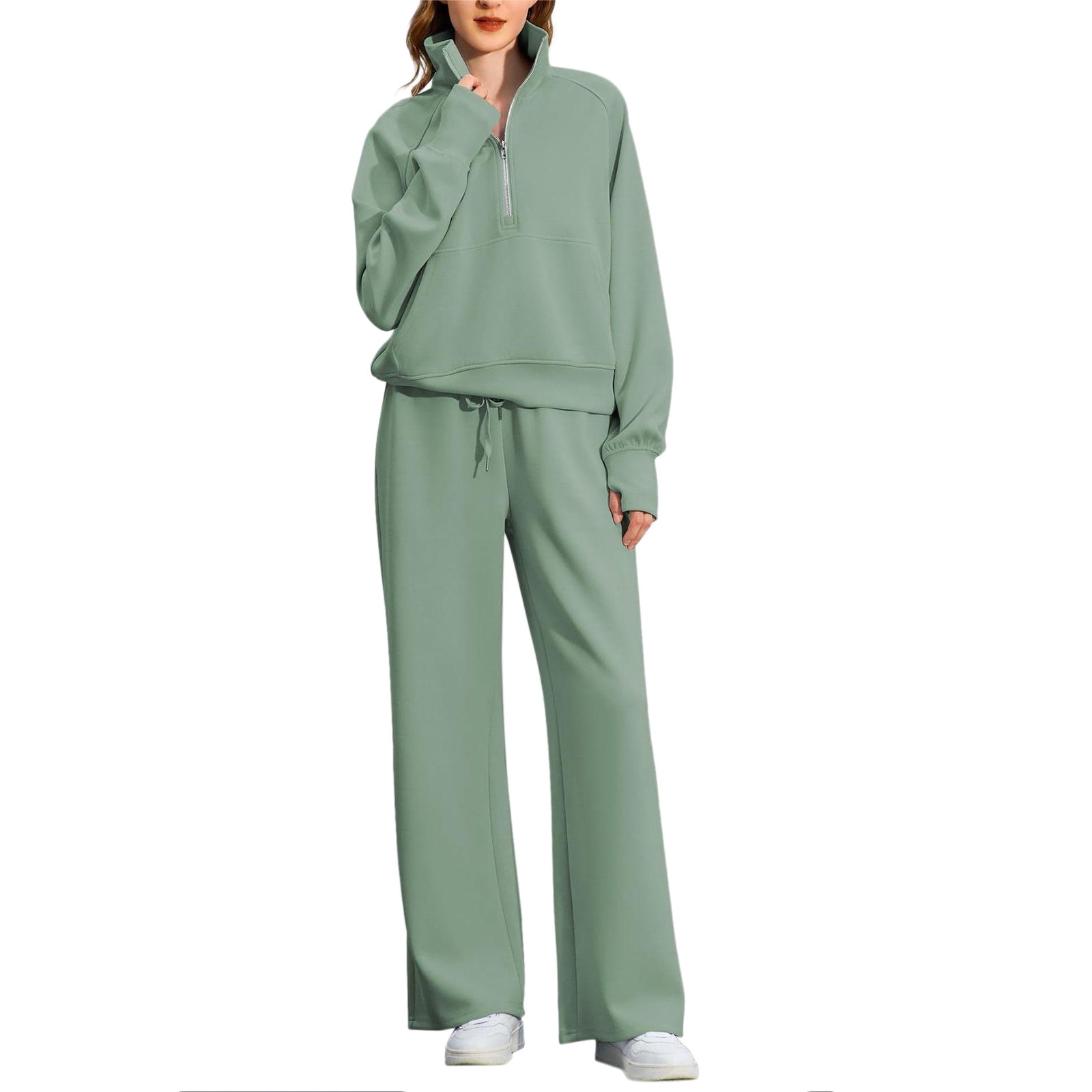 Women's Fall Matching Set - Half Zip Sweatshirt & Wide Leg Sweatpants - Casual Oversized Outfit S-XXL