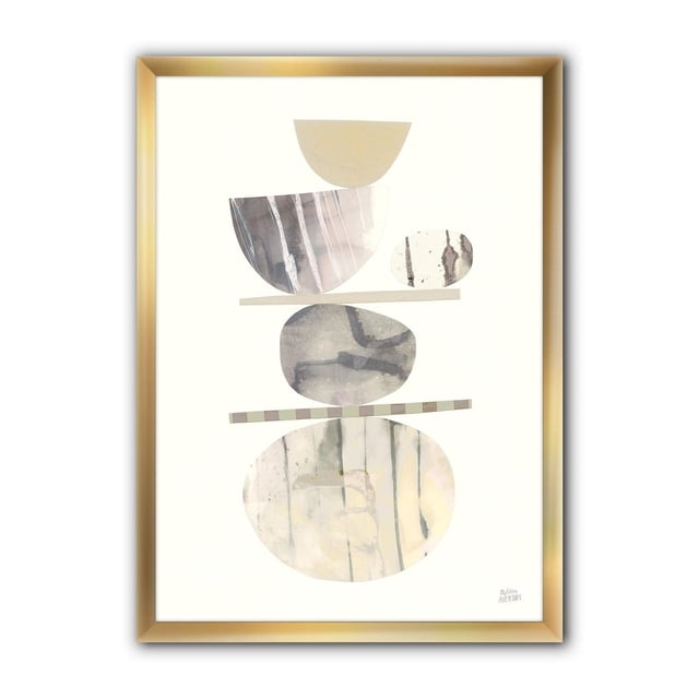 Designart Geometric Balance Neutral II Framed Wall Art with abstract neutral-toned geometric shapes in beige, gray, and brown on premium cotton canvas, mounted in a 1.5-inch gold frame, suitable for modern home décor and includes hanging hardware.