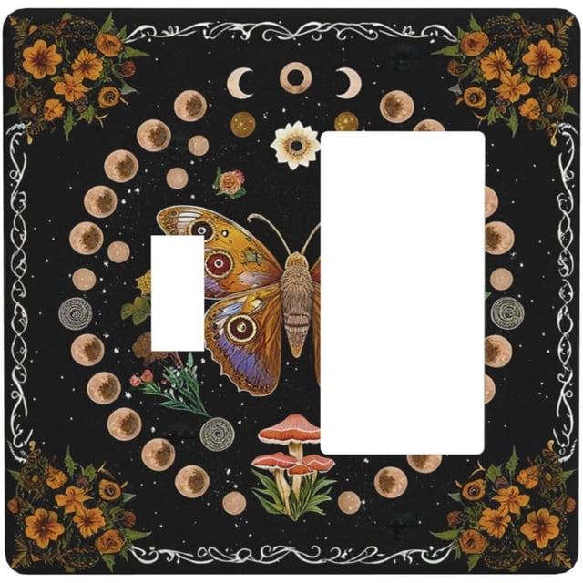 Nadoabtm Outlet Covers Boho Mushroom Butterfly Moon Floral Abstract Black 1 Toggle 1 Rocker Combination Decorative Wall Plate Light Switch Cover Plate Electrical Switch Plates for Bedroom Cabin Decor