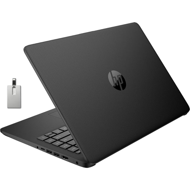 HP Stream 14-inch HD laptop in black, featuring an Intel Celeron N4120 processor, 8GB RAM, and 128GB eMMC storage. Includes Intel UHD Graphics for vibrant visuals and runs Windows 11 Home in S Mode. The laptop has a micro-bezel display, USB-C and USB-A ports, HDMI 1.4, a media card reader, and WiFi 5 with Bluetooth 5 connectivity. Comes with a bonus 128GB Hotface USB card.