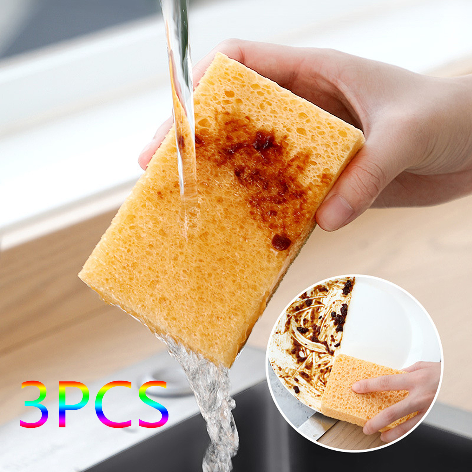 Danhjin Cleaning Supplies Dishwashing Wood Pulp Cotton Rags Dishwashing Grease Stain Sponge Block Tool Wipe Cleaning 3pcs Sponges