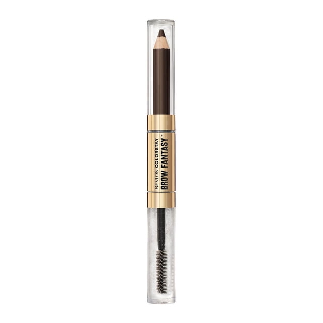 Revlon ColorStay Brow Fantasy™, all in one eyebrow powder pencil with shaping clear gel, showing a brown powder pencil tip and clear gel spoolie brush in gold and transparent casing, designed for natural-looking, full brows with 16-hour wear and nourishing Pro-Vitamin B5, also suitable for filling sparse hairline or beard areas.