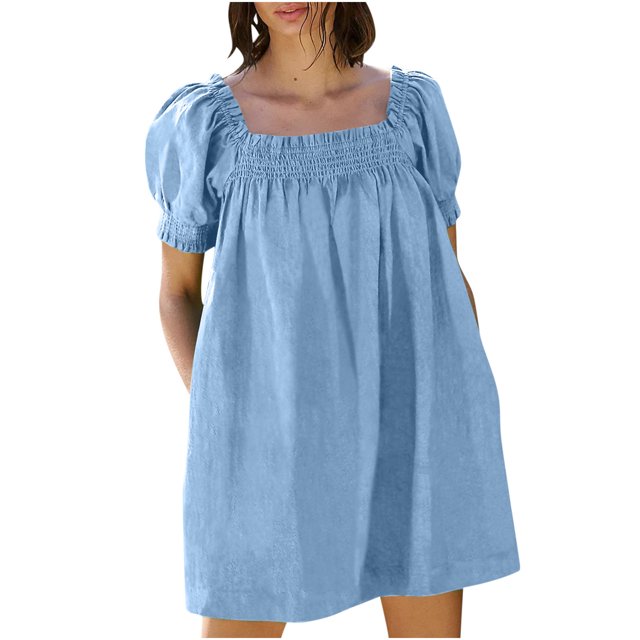 BEFOKA Robe pour Femme Grande Taille, Liquidation de Robes d'Été pour Femmes, Robe d'Été Mini pour Femme Robe de Plage Ligne A Décontractée Ample Robe Soleil avec Poches Plissée à Manches Courtes Col Évasé