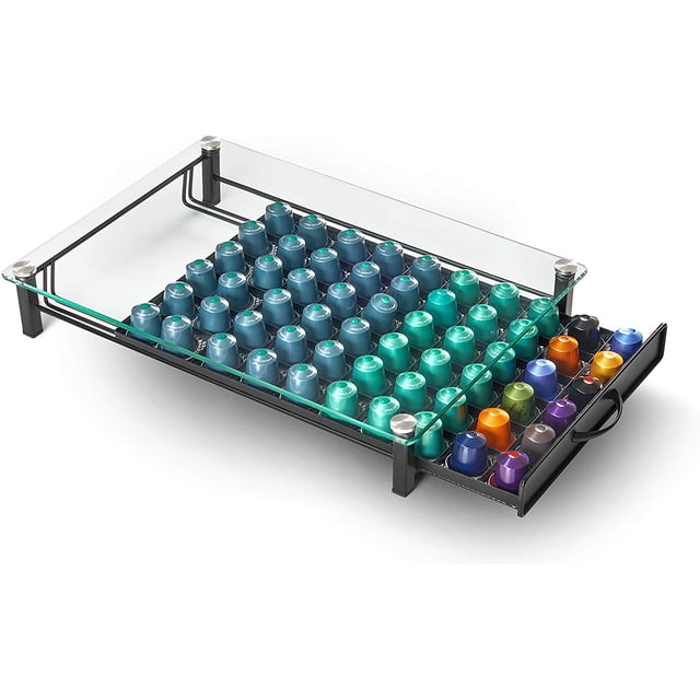 Tiroir de Rangement pour Dosettes de Café pour Nespresso Petite Ligne Originale, Contient 60 Dosettes (Verre Trempé et Fer)