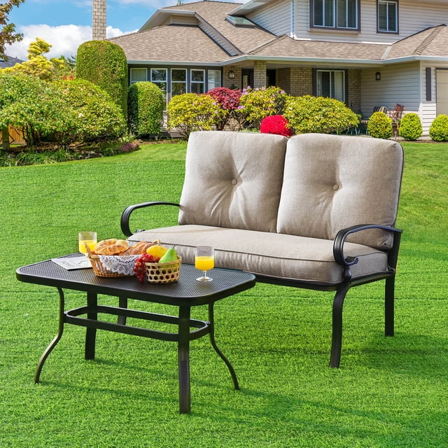 Gymax Ensemble de Conversation pour Patio 2 Pcs Causeuse et Table Ensemble de Sofa avec Coussins Beiges