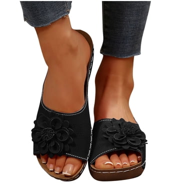 Amzcrzy Womens Sandals Fashion Flower Wedge Sandals Casual Open Toe Summer Sandals Comfortable Outdoor Beach Sandals Slip on Slides Heel Height 4cm/1.57inches