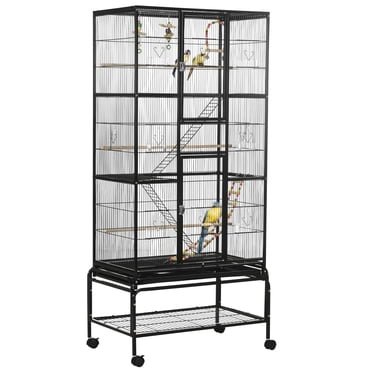 PawHut 71" Bird Cage with Wheels, Perches, Ramp, Storage Shelf, Toys, Black
