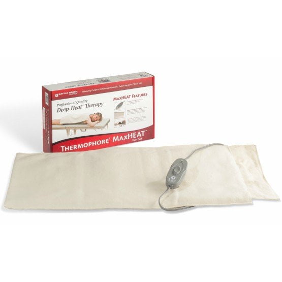 Thermophore Max Electric Moist Heating Pad - Small 4 x 17 inches, displayed with its packaging and control unit. This heating pad is designed for professional use and features a wipeable nylon material, a fleece cover for moisture absorption, and a weighted design for optimal comfort. It offers three temperature settings, a pause button, and an automatic shut-off after 25 minutes, making it ideal for pain relief, arthritis, and muscle relaxation.