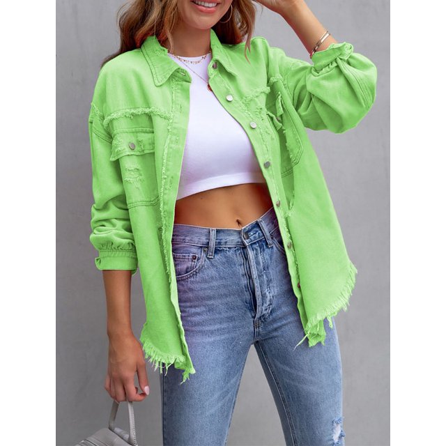 SEARIPE Women‘s Casual Denim Jacket Frayed Hem Ripped Long Sleeve Jean Jacket With Pockets Pink M