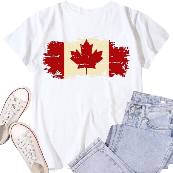 Gyexs T-Shirt Graphique pour la Fête du Canada, Confortable et Décontracté, Manches Courtes, Col Rond, Haut pour Femme, T-Shirt Imprimé (Blanc et G)