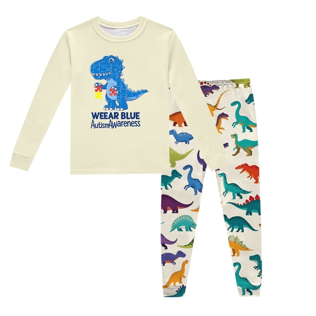 Pyjama Garçon Enfants Dinosaure Imprimé Col Rond Manches Longues Haut Pantalon Ensemble de Pyjama 2 Pcs Printemps Automne Pyjama Bébé Beige 3 Ans-4 Ans