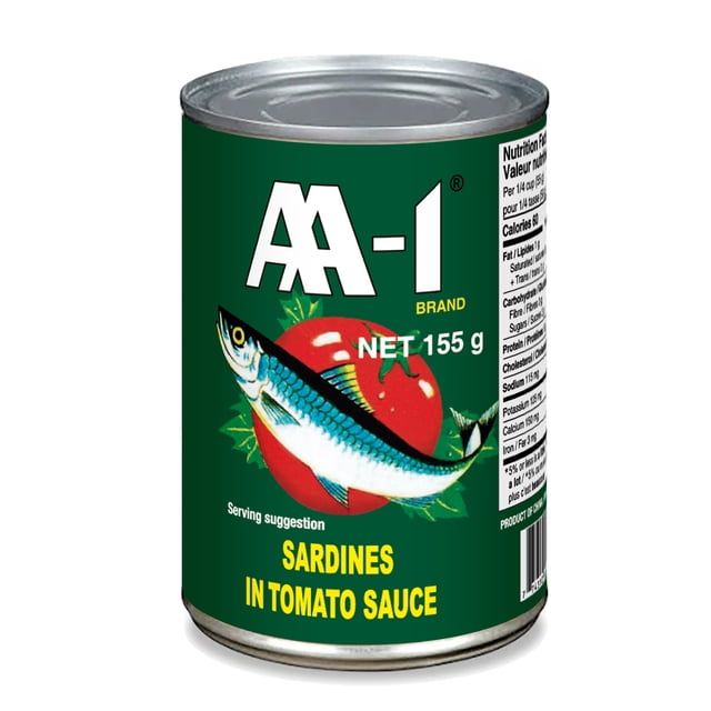 AA-1 Sardines in Tomato Sauce, 155 g can with green label featuring a blue and silver sardine over a red tomato, nutrition facts on the side, shelf-stable canned food ideal for quick meals, rice dishes, pasta, and pantry storage.