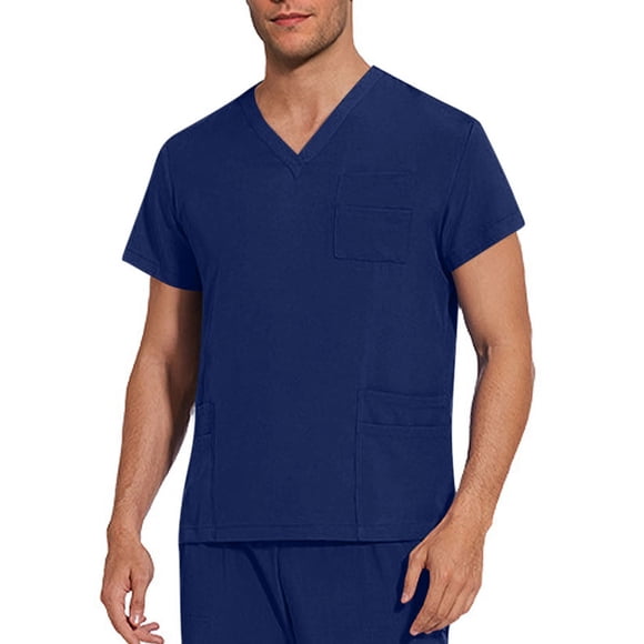 Bocqde Scrub Tops for Men Men's Solid Color Scrubs Tops Plus Size Short Sleeve V Neck Working Nurse Unifrom with Pockets