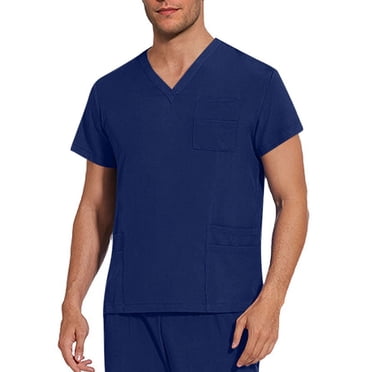 Amzcrzy Scrubs for Men Solid Color V Neck Scrub Tops Fashion Short Sleeve Workwear Nursing Scrubs with Pockets