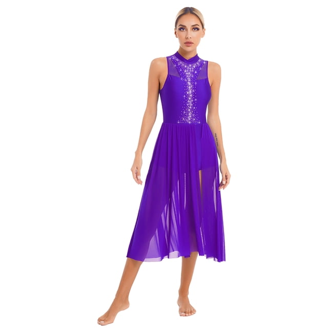 Sinleey Costumes de Danse Lyrique pour Femmes Robe Longue Fluide en Tulle Sans Manches à Sequins Moderne Contemporain Violet TG