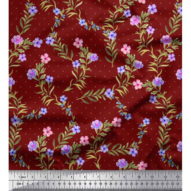Soimoi Polyester Crepe Fabric Dot,Leaves & Floral Print Fabric by The Yard 52 Inch Wide