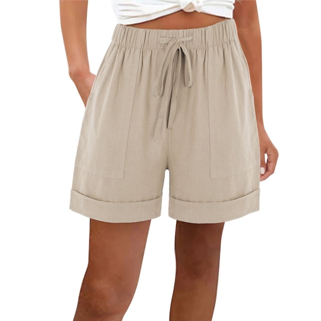 Timegard Wide Leg Shorts for Women Cotton Linen Elastic High Waisted Drawstring Loose Shorts with Pockets