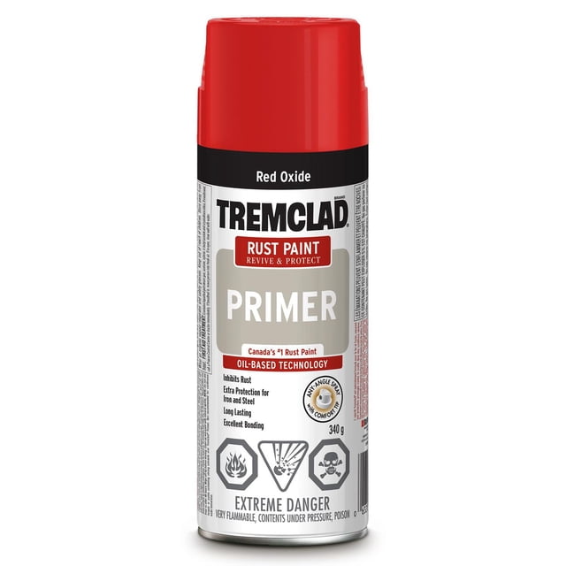 TREMCLAD Interior/Exterior Oil Based Rust Protection Primer Spray Paint in Red Oxide, 340g, front-facing aerosol can with red cap and white label detailing rust-inhibitive oil-based primer formula, comfort spray tip, any-angle spray, and extreme danger warnings for flammability and toxicity.